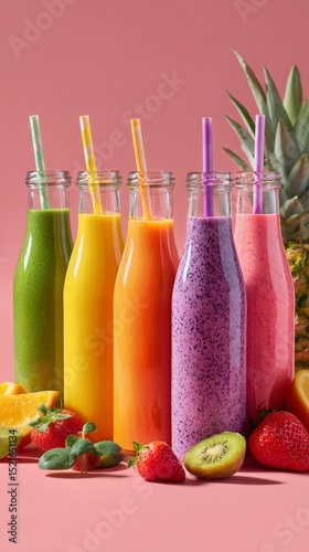 Colorful Smoothie Bottles Lined up Against a Pink Backdrop With Fresh Fruits ...