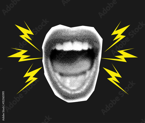 Screaming mouth in halftone style with lightning elements,vintage collage element
