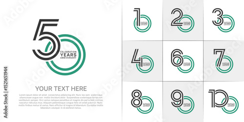 Anniversary set design with double line number. black and green color for celebration event