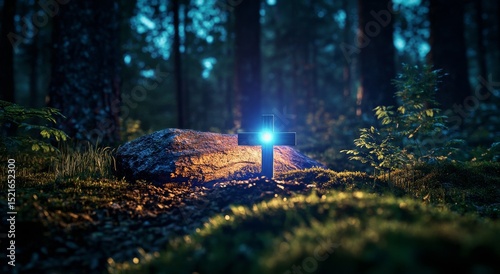 Glowing Cross in a Tranquil Forest at Twilight With Soft Light Illuminating t...