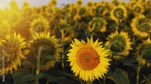 Bright yellow sunflowers bloom under a blue sky in a vast summer field, showcasing the beauty of nature and agriculture