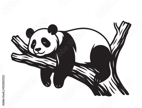 Cute panda sleeping peacefully on a tree branch in a bold black and white vector style. Perfect for prints, logos, children’s books, and designs. Wildlife Animals.