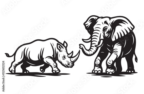 Bold black and white vector of a fierce rhino facing a powerful elephant, both in action poses. Great for prints, logos, and wildlife themed artwork.