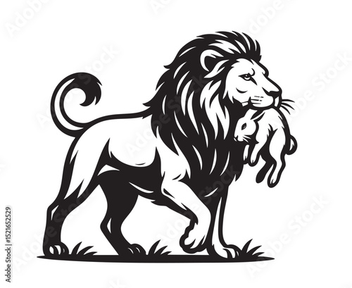 Bold black and white vector of a lion holding a rabbit in its mouth, showcasing predator and prey dynamic. Ideal for wildlife art, logos, or education use.