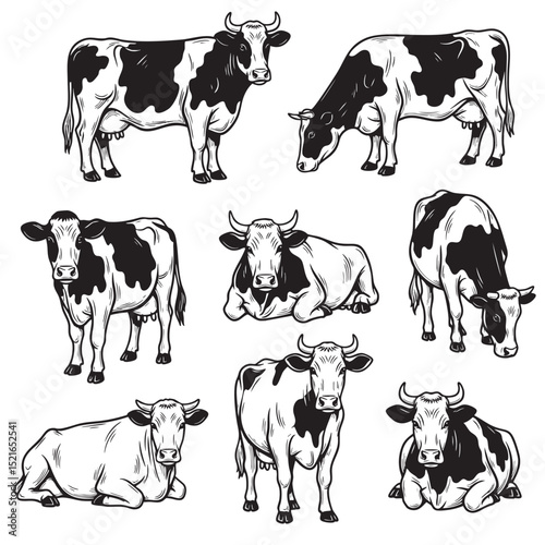 Set of black and white cow illustrations in various poses, including standing, lying, and grazing. Perfect for farm themes, prints, and logos. Farm animals