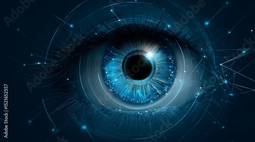 Blue Human Eye with Geometric Lines and Nodes