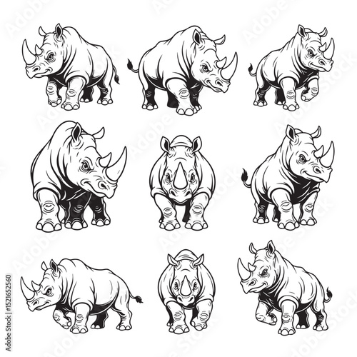 Collection of rhinoceros illustrations in various poses standing, charging, and frontal views. Perfect for wildlife art, logos, and educational designs. Animals.