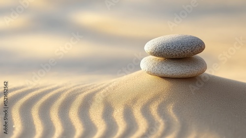 Minimalist composition smooth river stones soft sand dune nature tranquil environment close-up view