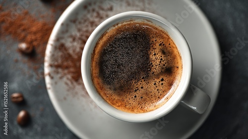 Coffee Cup Filled With Rich Brew Next to Fresh Ground Coffee on a Dark Surface.