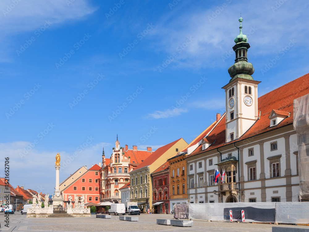 Obraz premium Main square in Maribor city, Slovenia with historic architecture and buildings