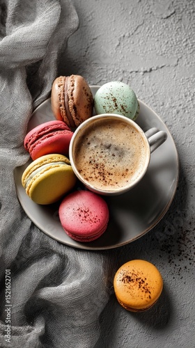 Delicious Macarons With a Cup of Coffee on a Textured Surface