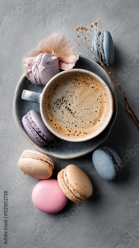 Delicious Macarons With a Cup of Coffee on a Textured Surface.