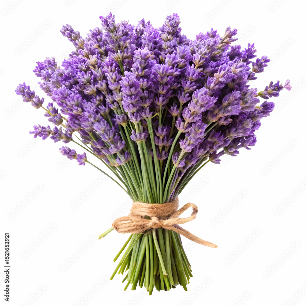 Fototapeta premium Freshly harvested bouquet of fragrant purple lavender flowers tied with natural twine on white background.