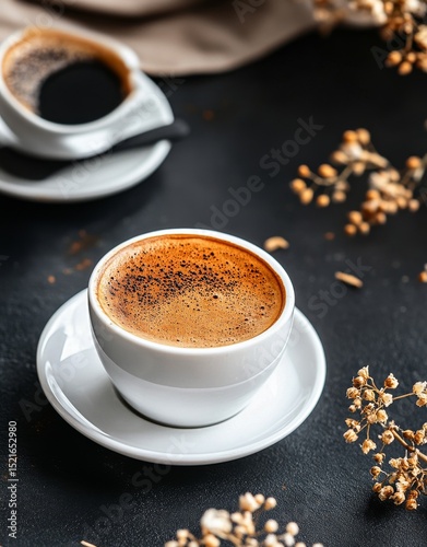 Warm Coffee in a Cup Surrounded by Dried Flowers on a Dark Surface