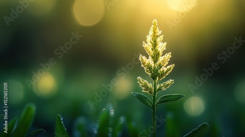 Dew-kissed grass blade standing tall sunrise nature tranquil environment close-up view