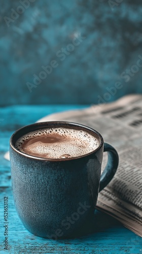 Warm Cup of Coffee Beside an Open Newspaper on a Blue Wooden Table in the Mor...