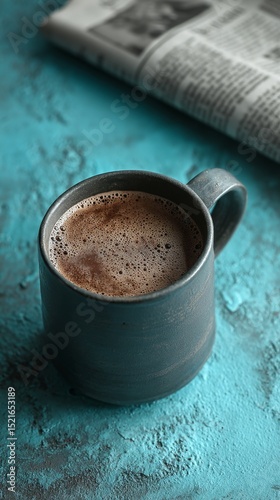 Warm Cup of Coffee Beside an Open Newspaper on a Blue Wooden Table in the Mor...
