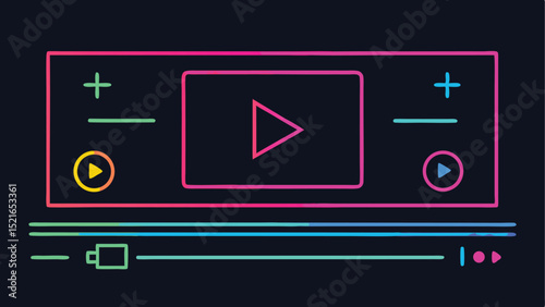 Neon video player interface design with play controls and progress bar silhouette
