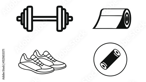 Outline fitness and exercise icons featuring dumbbell yoga mat and running shoes