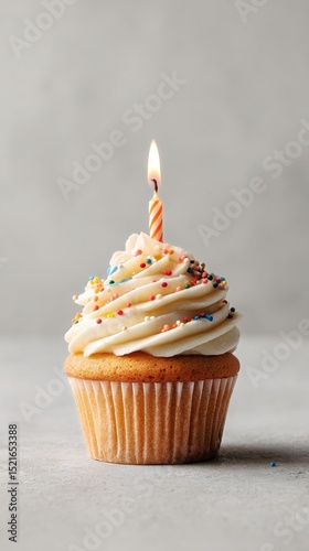 Cupcake With Candle and Colorful Sprinkles for Celebration on a Light Background