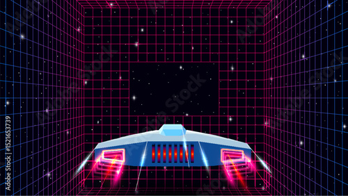 Arcade space ship flying through the triangular gate, 80s style synthwave or retrowave illustration