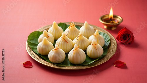 Sweet modak indian dessert on brass plate with rose and diya