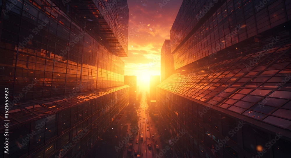 Fototapeta premium City Street at Golden Sunset Between Tall Buildings