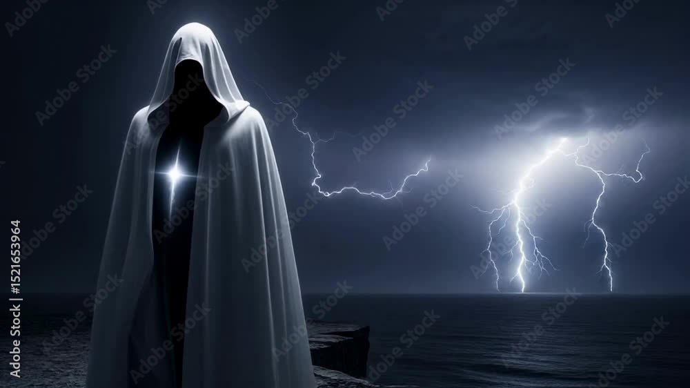 Mysterious figure in a white hooded cloak with a glowing chest point stands on a cliff during a thunderstorm over the sea, symbolizing fantasy, mystery and supernatural power themes