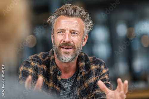 Middle-aged man talking passionately during an interview or conversation. The man is sitting. The man is clearly visible 