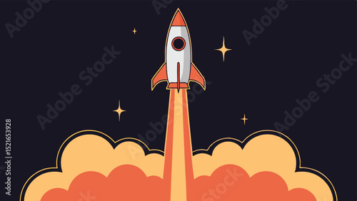 Rocket launching into space with stylish retro design and simple illustration