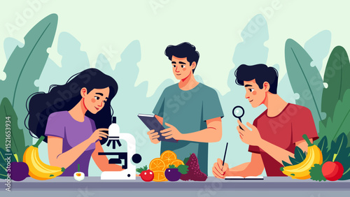 Biochemists Inspect Fruit Quality – Scientific Stock Illustration with Magnifying Glass and Lab Analysis