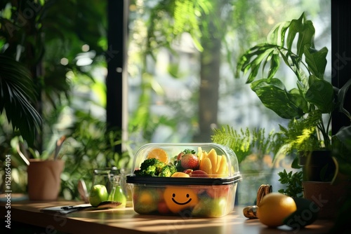 Healthy Lunch Box Filled With Fresh Fruits and Vegetables at a Sunny Indoor S...