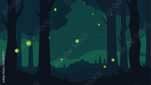 Serene forest scene with glowing fireflies at night in a flat vector style