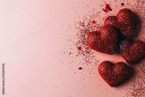 Sparkling Red Heart on a Light Background With Glitter and Confetti Scattered.