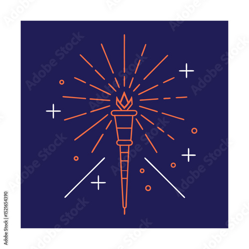 Vector illustration of a stylized olympic torch with radiating lines in orange and blue