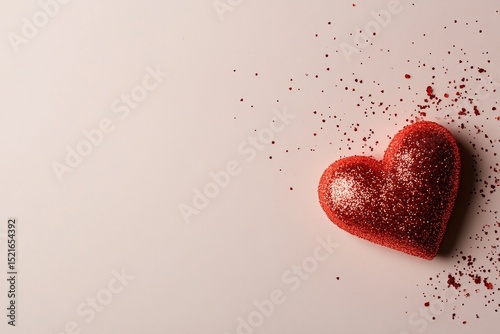 Sparkling Red Heart on a Light Background With Glitter and Confetti Scattered