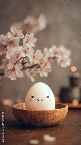 Cute Egg With a Smile Placed in a Wooden Bowl Surrounded by Cherry Blossoms