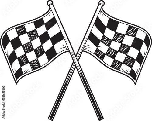 two crossed checkered Flag NASCAR Racing Vector Illustration, Sketch Drawing Line Linear Symbol Icon Engraving Coloring Book, Hand-drawn Black and White Isolated