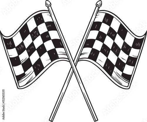 two crossed checkered Flag NASCAR Racing Vector Illustration, Sketch Drawing Line Linear Symbol Icon Engraving Coloring Book, Hand-drawn Black and White Isolated