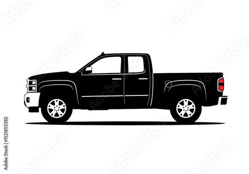 A black silhouette of a crew cab pickup truck with white and red accents on a white background