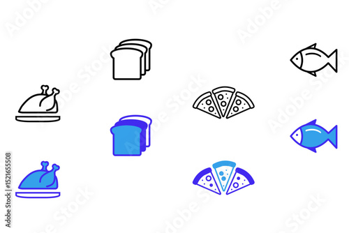 Meal solid line stroke icon set. Icons related to Food, steak, chicken, salad, lunch, sandwich, juice, bread, fish, meal, pizza, plate, burger, soup etc. Vector illustration