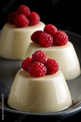 Delicious Creamy Dessert With Fresh Raspberries on Top Served at a Rustic Table.