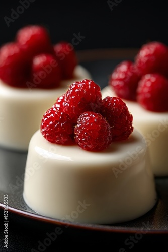Creamy Panna Cotta Topped With Fresh Raspberries on a Dark Plate