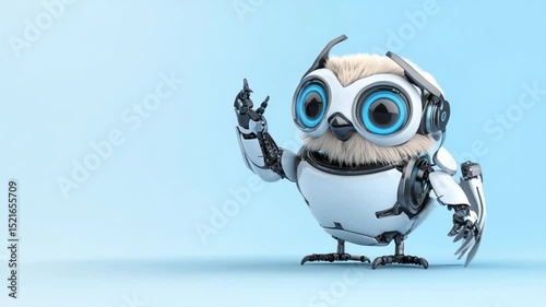 A futuristic robotic owl character with large blue eyes, standing on a light blue background, showcasing innovation