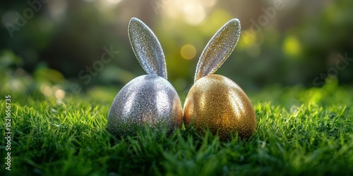 Decorative glittery easter eggs with bunny ears on green grass during sunny spring afternoon