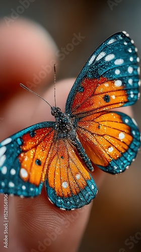 Bright orange and blue butterfly perched delicately on a human finger in a natural setting