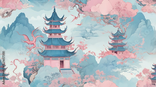 Cracked porcelain-like stone texture, delicate pastel pinks and sky blues, Chinoiserie style, with ornate patterns of pagodas and whimsical dragons.
