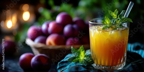 Refreshing drink with fresh plums and mint on a dark table setting during a cozy evening