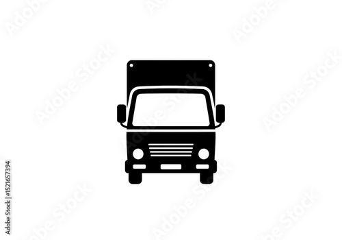 Front view of a solid black delivery truck with a boxy shape on a white background in a simple illustration