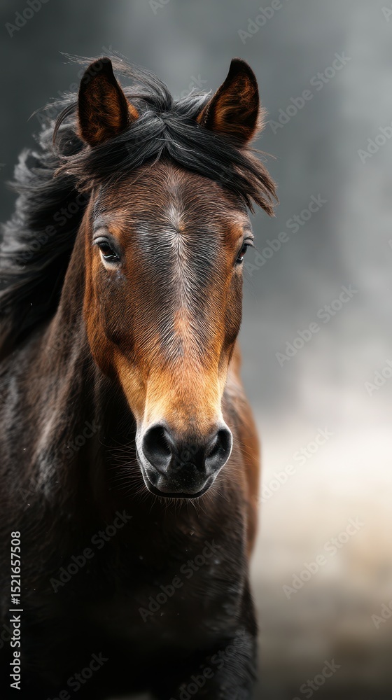 Fototapeta premium Majestic brown horse in motion against a blurred background in a natural setting at dusk